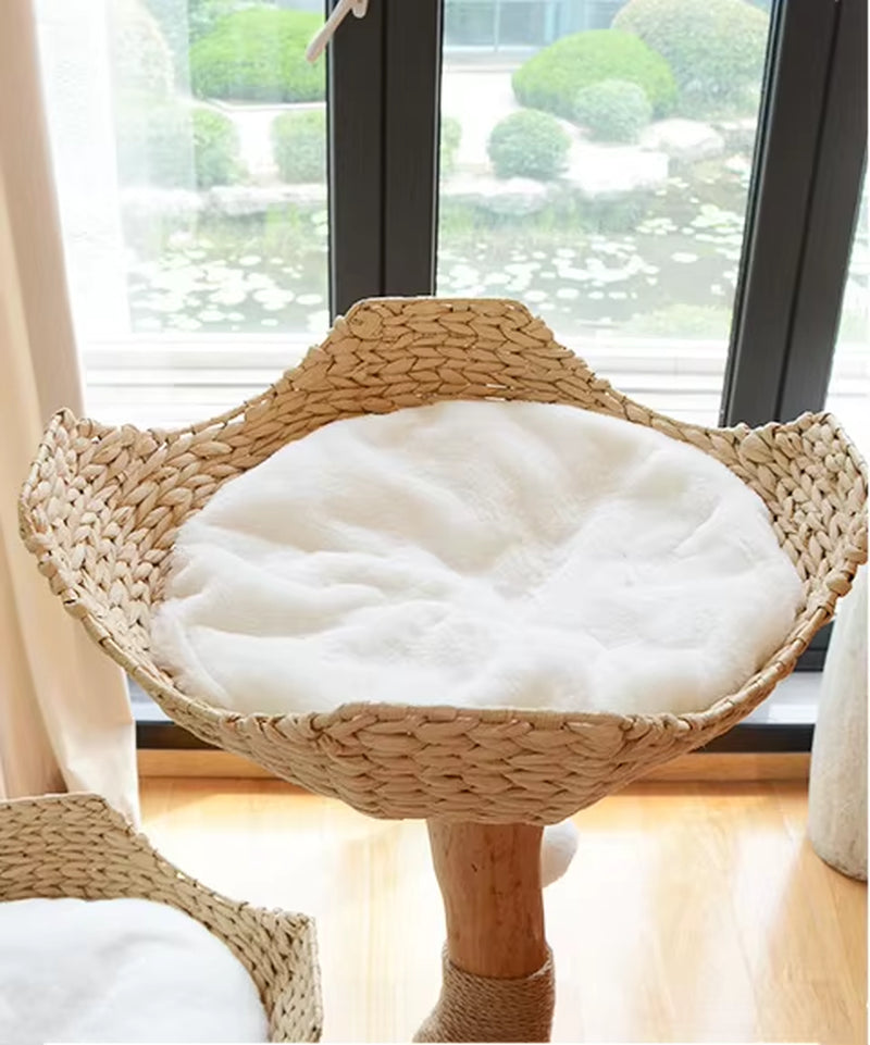 Luxury Cat Tree Tower Wooden Stable Base Sisal Scratcher with Plush Bed OEM/ODM Pet Tree Natural Solid Wood with Flower Platform