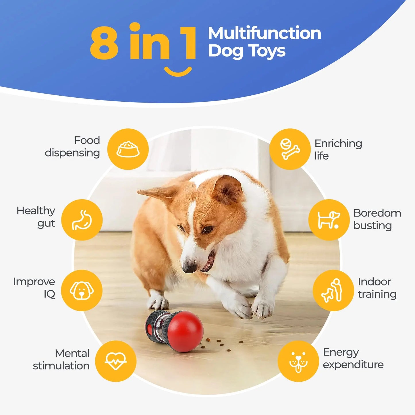 Interactive Dog Toys, Adjustable Dog Treat Dispenser Ball, Rolling Dog Feeder, Puzzle Slow Feeder for Small and Medium Dogs