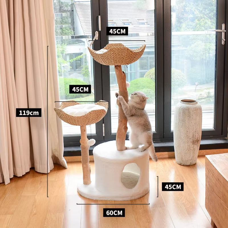 Luxury Cat Tree Tower Wooden Stable Base Sisal Scratcher with Plush Bed OEM/ODM Pet Tree Natural Solid Wood with Flower Platform