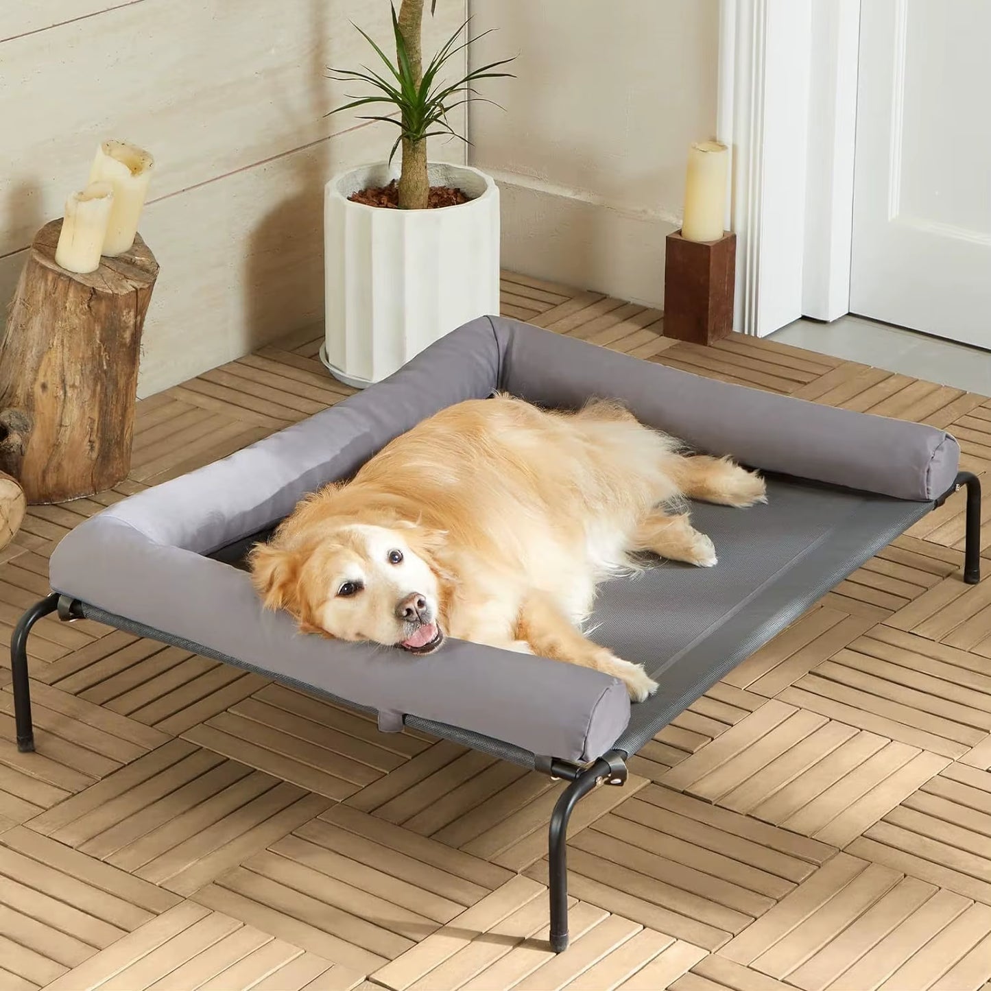Large Elevated Cooled Dog Bed Portable Anti-Chew Outdoor Kennel with Non-Slip Foot Holder Pet Bed