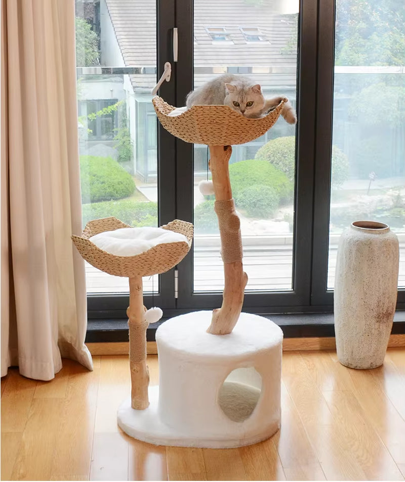 Luxury Cat Tree Tower Wooden Stable Base Sisal Scratcher with Plush Bed OEM/ODM Pet Tree Natural Solid Wood with Flower Platform