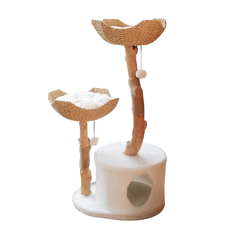 Luxury Cat Tree Tower Wooden Stable Base Sisal Scratcher with Plush Bed OEM/ODM Pet Tree Natural Solid Wood with Flower Platform