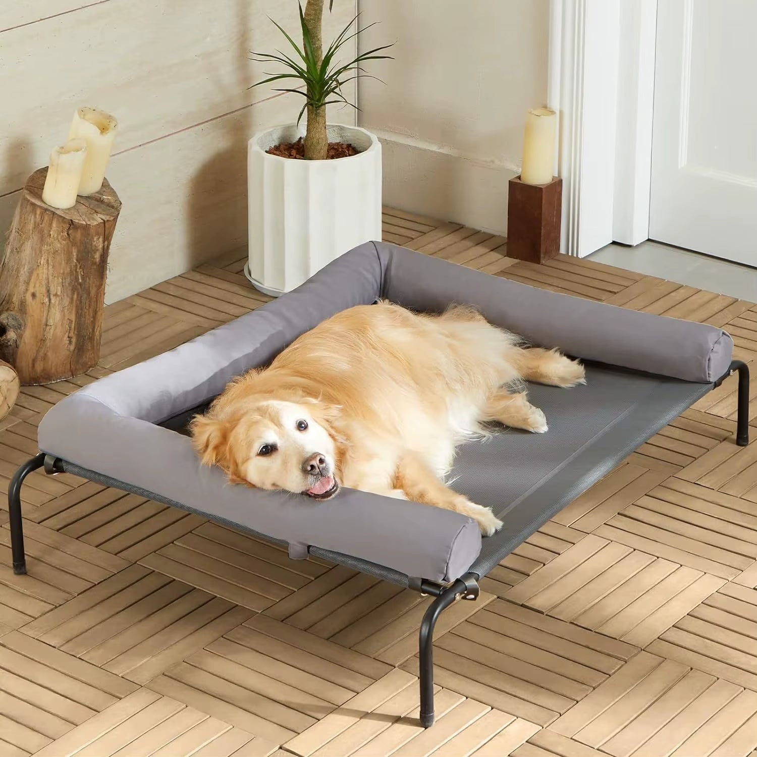 Large Elevated Cooled Dog Bed Portable Anti-Chew Outdoor Kennel with Non-Slip Foot Holder Pet Bed