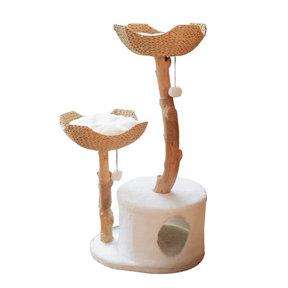Luxury Cat Tree Tower Wooden Stable Base Sisal Scratcher with Plush Bed OEM/ODM Pet Tree Natural Solid Wood with Flower Platform